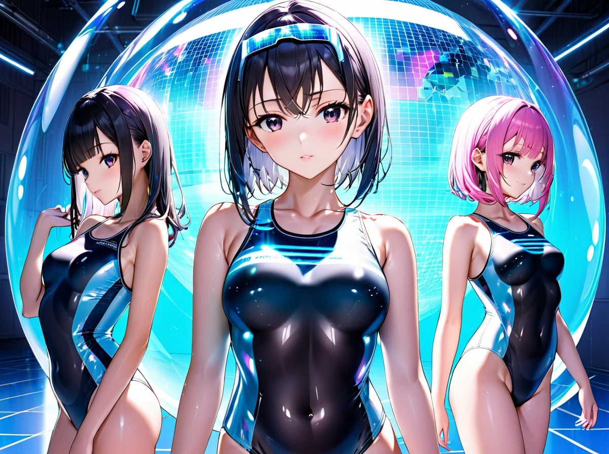 School swimsuit 3girls, cyber world, hologram,　School swimsuit, cyber world, Hologram, SF, gleaming, glamourous