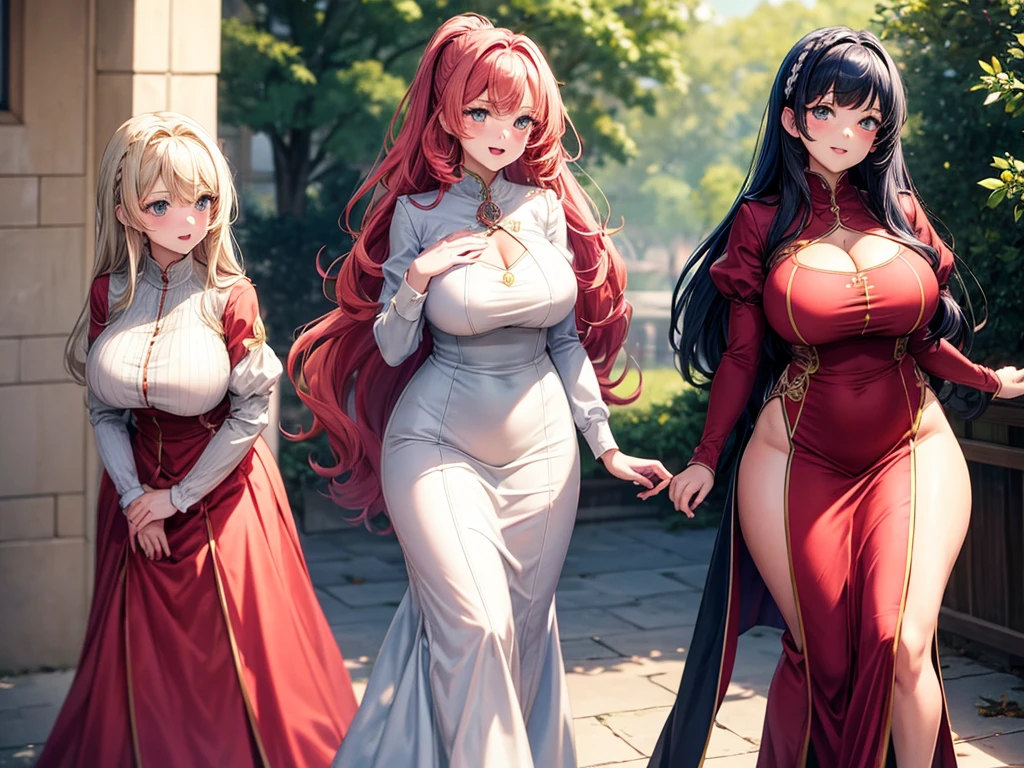 High detailed, 2 girls, different colored hairs, different hairstyles, busty, firm plump body, matching uniforms, matching physique, long dress, Juliet sleeves, posing together