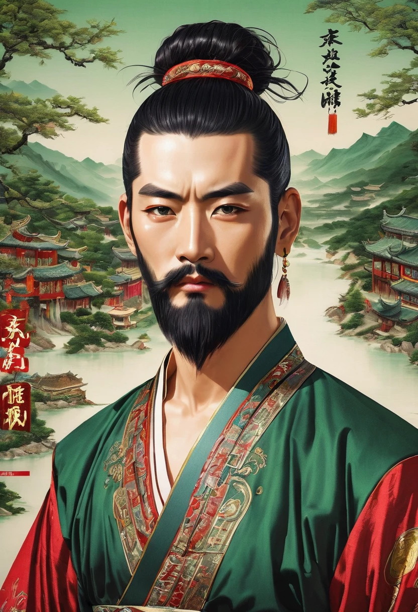 Oriental、Men in ancient Chinese costumes、Chinese hairstyle men、(((Embroidered cloth wrapped around the topknot)))、Red face、Three Kingdomultiple warlords、Highest quality、masterpiece、Ultra-high resolution、(Realistic:1.4)、Game Poster、Crisp and beautiful image quality、Green clothes、Long black beard、