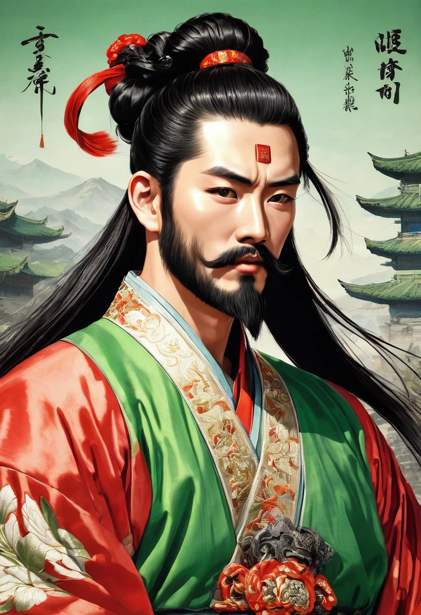 Oriental、Men in ancient Chinese costumes、Chinese hairstyle men、(((Embroidered cloth wrapped around the topknot)))、Red face、Three Kingdomultiple warlords、Highest quality、masterpiece、Ultra-high resolution、(Realistic:1.4)、Game Poster、Crisp and beautiful image quality、Green clothes、Long black beard、