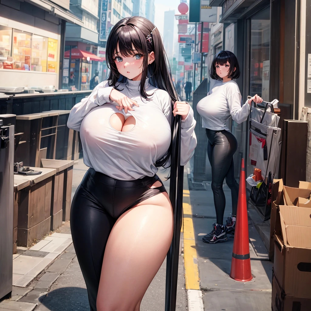 1 girl in a white sweater, Black pants, round face, Her size is G cup 37, big, round heart-shaped butt, Her clothes are half transparent and she is standing in the street..