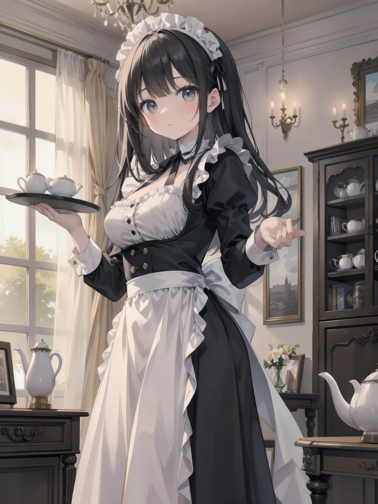 Illustration of a beautiful girl in a cute pose,(Masterpiece: 1.2), (Best quality: 1.2), A cute girl with long black hair, dressed in a classic black and white maid outfit with frilly lace and a matching headband, is standing in a beautifully decorated Victorian-style parlor. She is holding a silver tray with a teapot and teacup, her expression a mix of professionalism and warmth. The background includes ornate furniture, a chandelier, and large windows with heavy drapes, all bathed in soft afternoon light. This illustration emphasizes the elegant and welcoming atmosphere of a high-class tea service