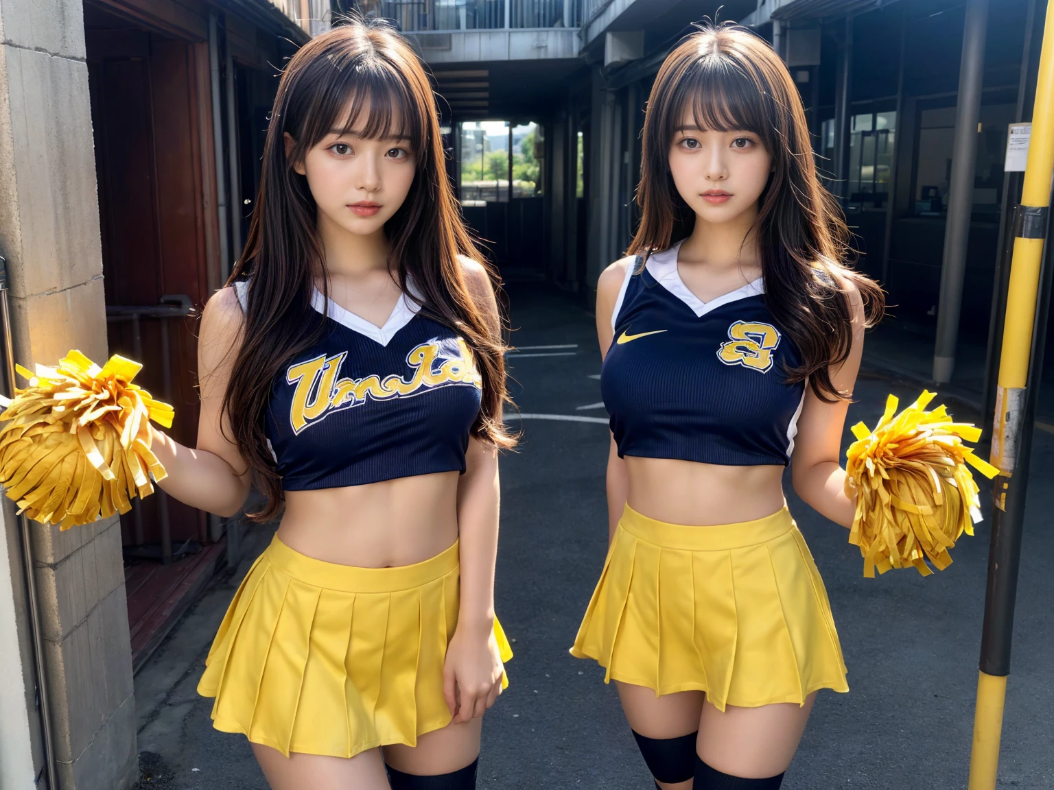 masterpiece, best quality, illustration, Super detailed, fine details, High resolution, 8K,wall paper, perfect dynamic composition,(Details High quality, realistic depiction of eyes:1.3), (3 girls), BREAK (cheerleader uniform with yellow as basic color:1.3), (holding a yellow pompoms in hand:1.4), (sleeveless yellow tunic with baseball team logo:1.4), yellow tops, (bold V-neck:1.3), ((Blue lines, black lines) on tops:1.3), ((fit and flare, A-line):1.3), (A-line yellow rah-rah skirt:1.3), mini skirt, (black socks:1.3), (sports shoes:1.2), sitting, open legs, short bob hair, in a hotel room in the background, deep on field, large breasts, black hair color, Big Natural Color Lip, (perfect body shape), crying a little、Harajuku style、20 year old girl、cute type、beautiful legs, Gravure Idol