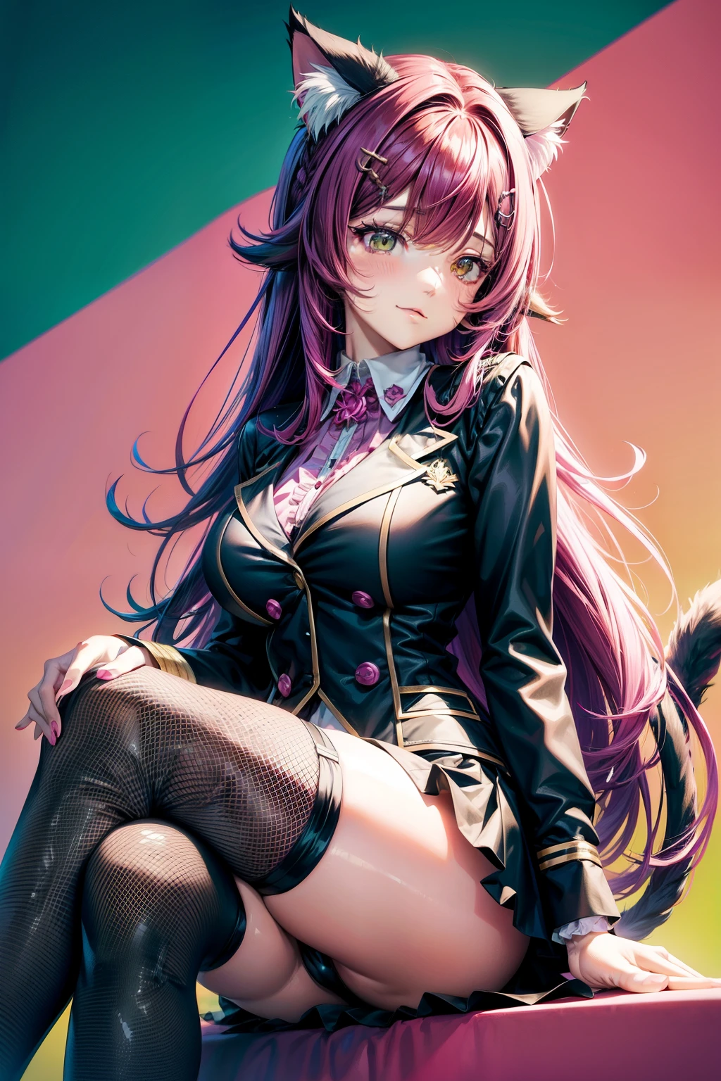 Magenta hair, brown eyes, older woman, long thick hair, hair ornaments, happy, cat ears, sexy uniform outfit, pink and green backgrounds, sitting down, abstract background fantasy
