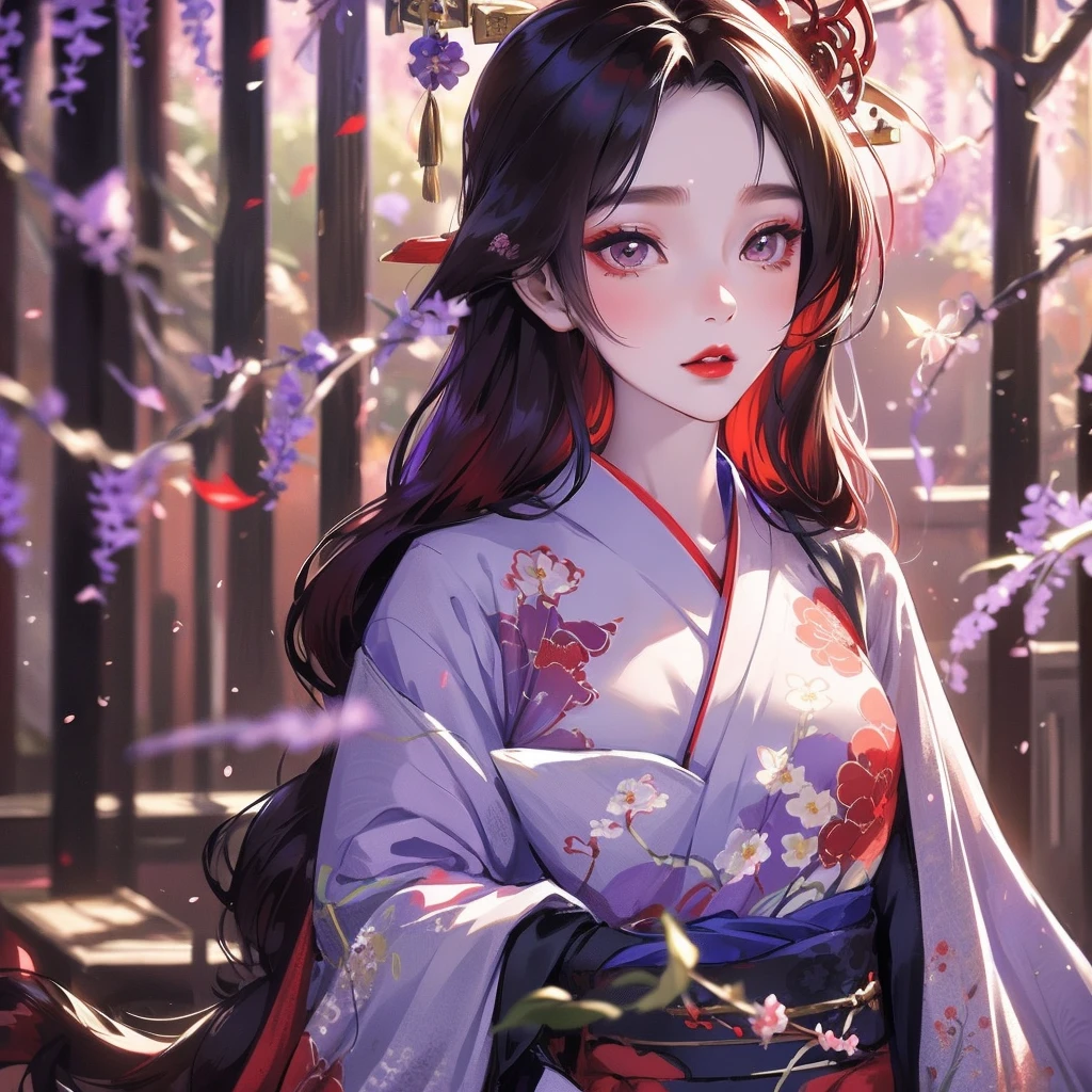 portrait of 1 beautiful geisha in the wisteria forest,  dark night, wavy hair, pale skin, makeup, red lips, , kimono, hanfu, (Beautifully Aesthetic:1.2),wisteria, peace, tranquility, serenity, petals