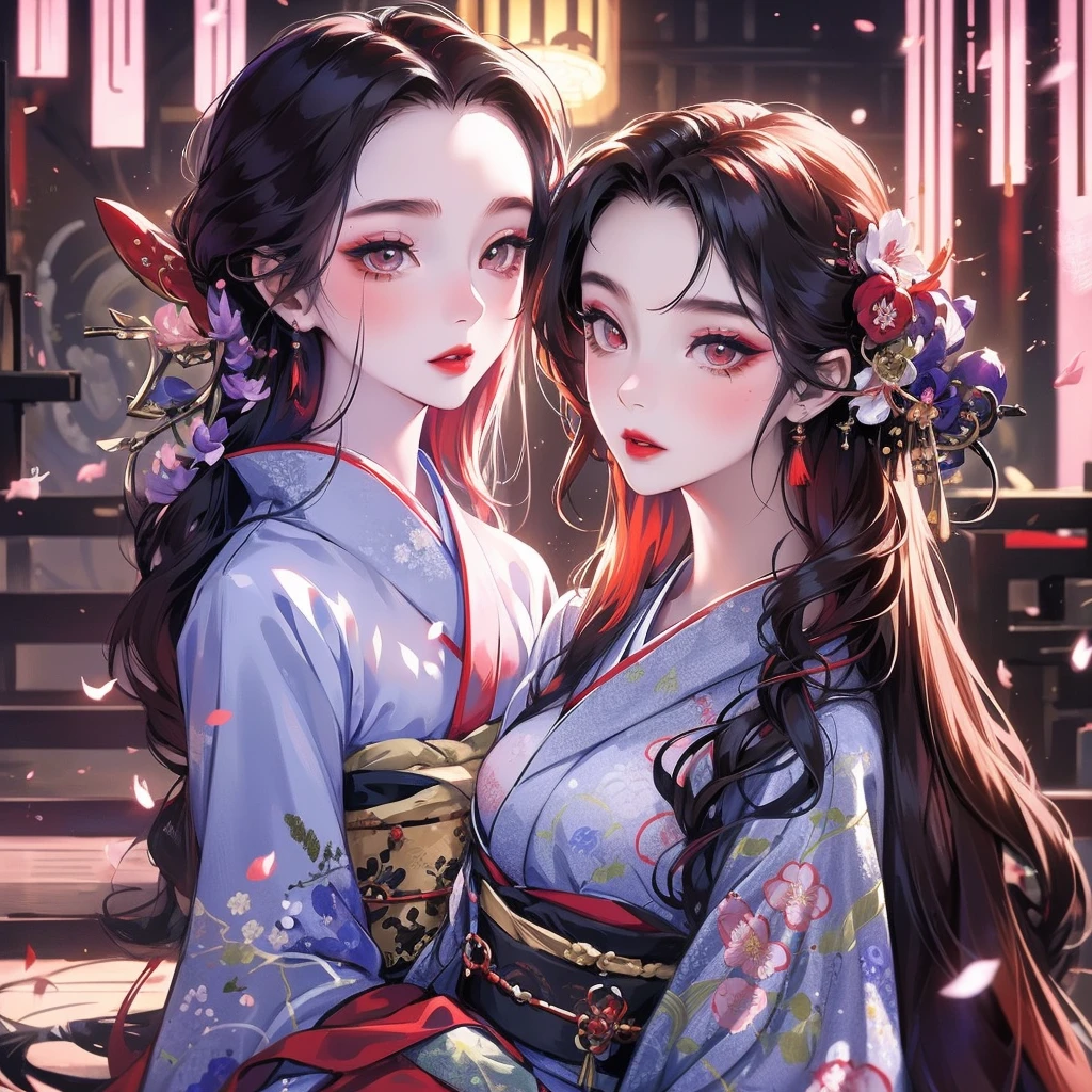 portrait of 1 beautiful geisha in the wisteria forest,  dark night, wavy hair, pale skin, makeup, red lips, , kimono, hanfu, (Beautifully Aesthetic:1.2),wisteria, peace, tranquility, serenity, petals