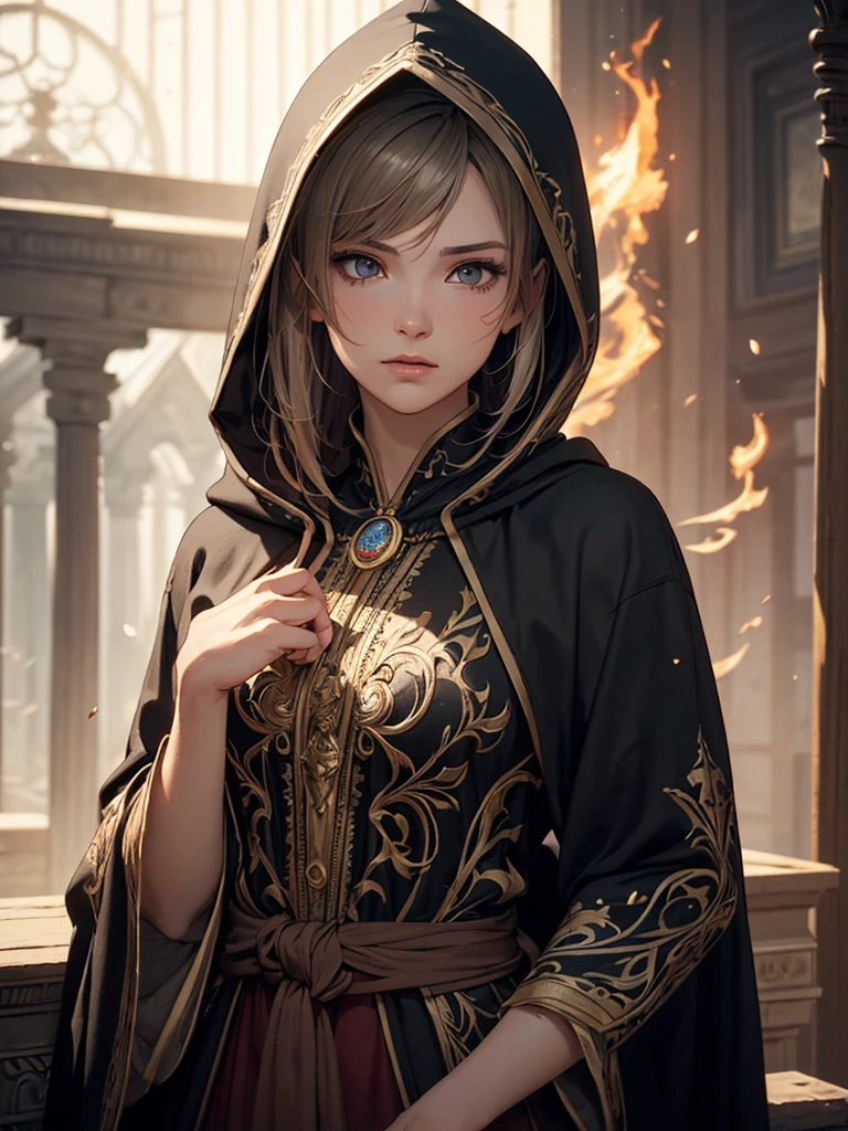 (by Greg Rutkowski: 1.2), (masterpiece), ((best quality)), extremely delicate and beautiful, illustration, highly detailed face and body, highly detailed hand and fingers. ((woman, hermeticwizard, hkmagic, fire_magic, ornate_hooded_robe, talisman, runes, dust, lightrays, ancient_tomb in the background, cinematic shot)), ((Heavy clothing, Very warm clothes)), cool face, HD. elegance. photorealism. dynamic pose. Unreal engine. From Brian Froud and Carne Griffiths and Wadim Kashin and John William Waterhouse, 8K post-production, high resolution, hyperdetailed, depth of field, HDR, intricate