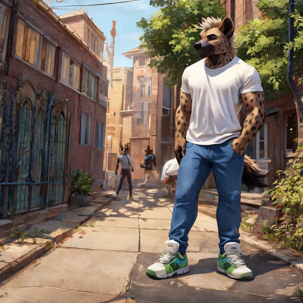an anthropomorphic hyena in a white T-shirt, blue jeans and green sneakers 