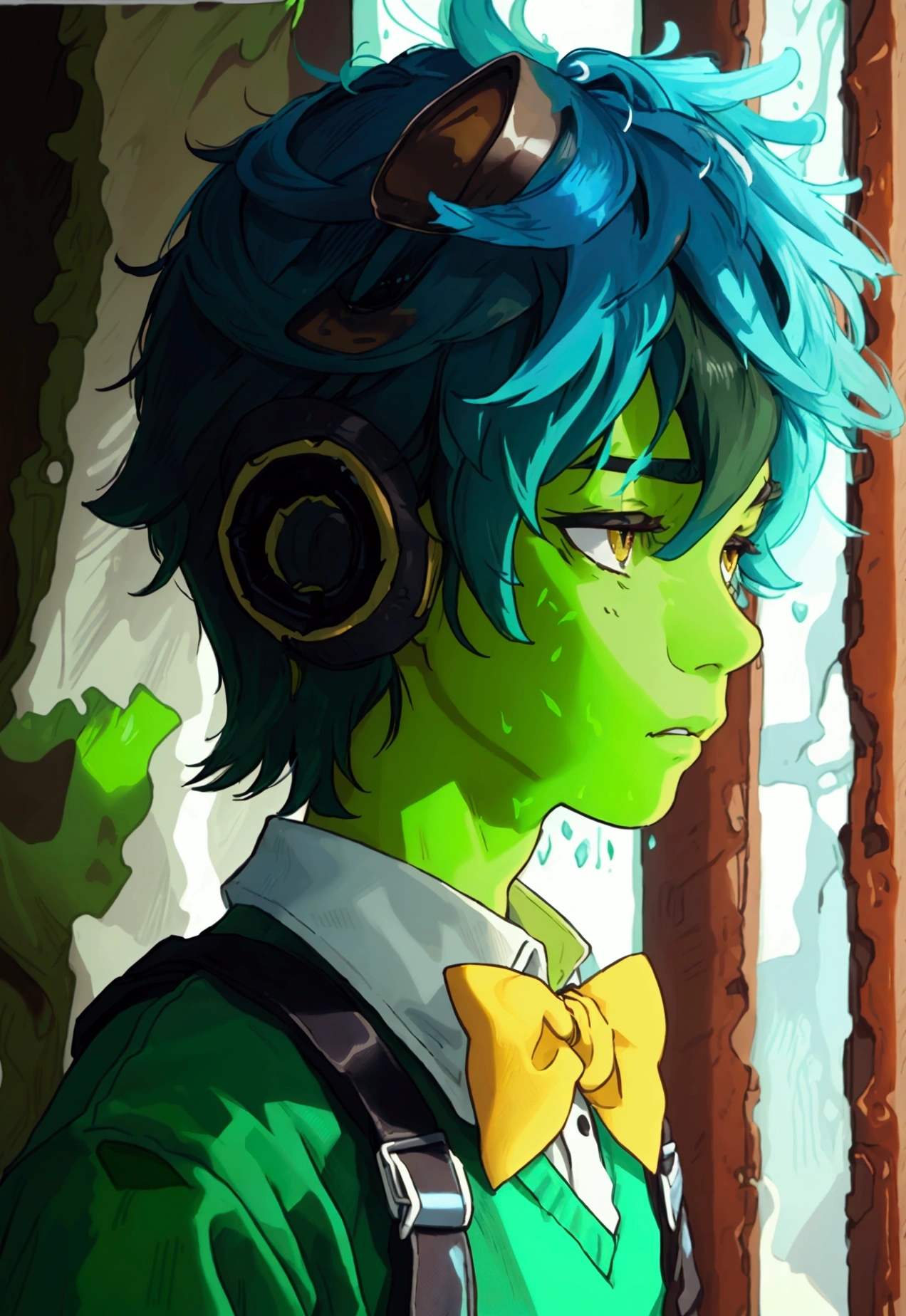 A 17 year old male teenager with a green jelly skin, brown eyes and a blue, green hair, wearing a green shirt wearing black straps, and black pants and a yellow bowtie.