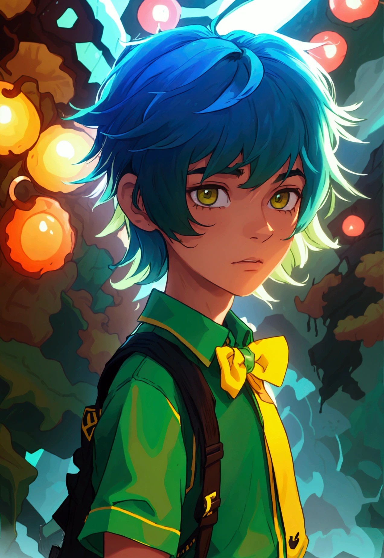 A 17 year old male teenager with a green jelly skin, brown eyes and a blue, green hair, wearing a green shirt wearing black straps, and black pants and a yellow bowtie.