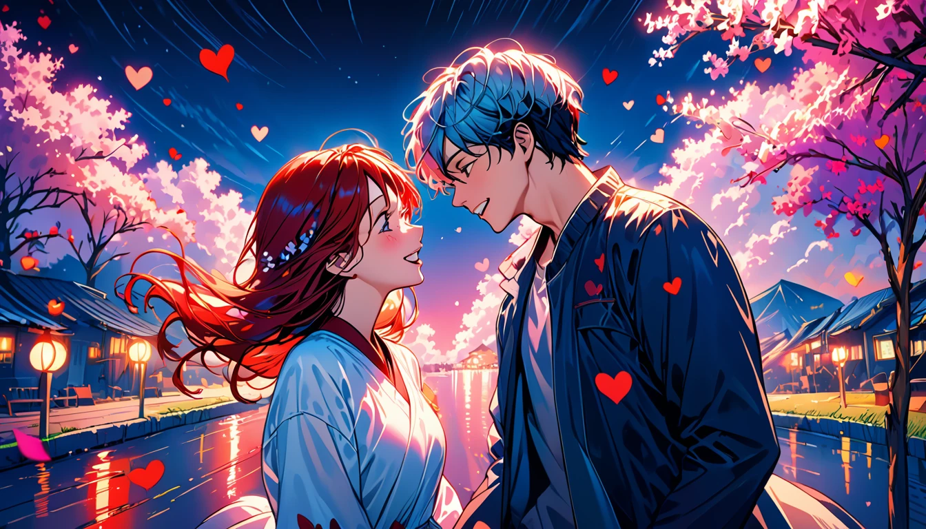 (Highest quality,Very detailed,Realistic:1.37),humor,Comic book style,Bold,Vibrant colors, Close to cool colors,Desaturate,Beautiful night view, A girl and a boy, Fun couple, Laughter, floating love,