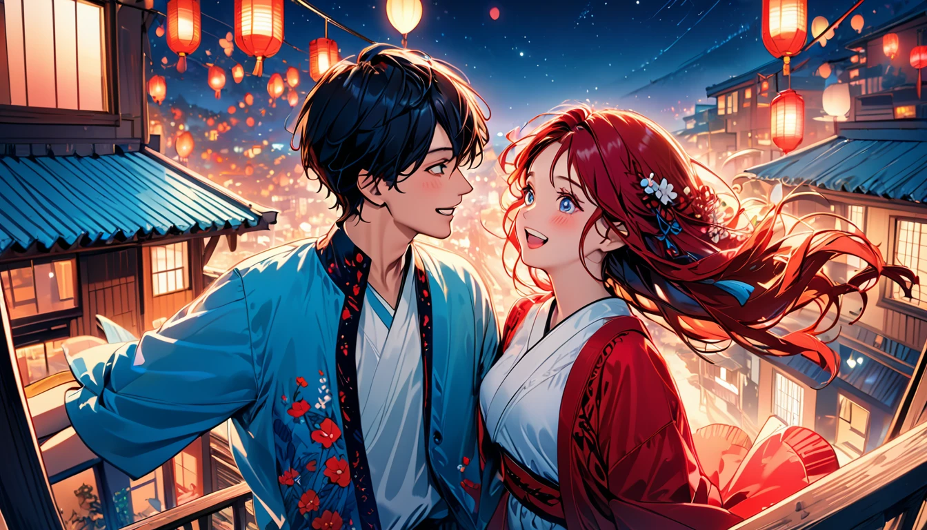 (Highest quality,Very detailed,Realistic:1.37),humor,Comic book style,Bold,Vibrant colors, Close to cool colors,Desaturate,Beautiful night view, A girl and a boy, Fun couple, Laughter, floating love,