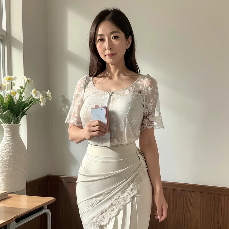 High resolution, High-level image quality, High definition, masterpiece, 8k, Anatomically correct, Professional Lighting, sharp, White Photo, ((Japanese Mature, 90 years old, Beautiful female teacher)), One person, ((Facial wrinkles)), Shapely large breasts, Straight, light brown, long hair that reaches the shoulders, Chubby body type, ((School classroom, Standing upright, holding the attendance book and looking at the viewer)), (((Summer short sleeve floral lace stacked draped blouse, Thin white bonded tight skirt for summer))), Composition from knee to head