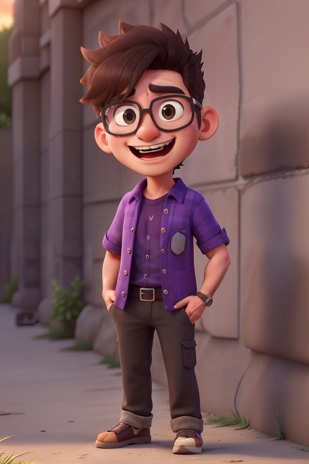 (best quality,high resolution,Extremely detailed) A 40-year-old brown-haired oriental man wearing black clothes, Wearing sunglasses, . He has short hair. Against the wall. Wearing a purple shirt.light color blazer . Right hand showing love. Sunset in the background.Front with one hand in pocket,Carrying a single-lens camera on his chest.Wear flip-flops,laughing out loud