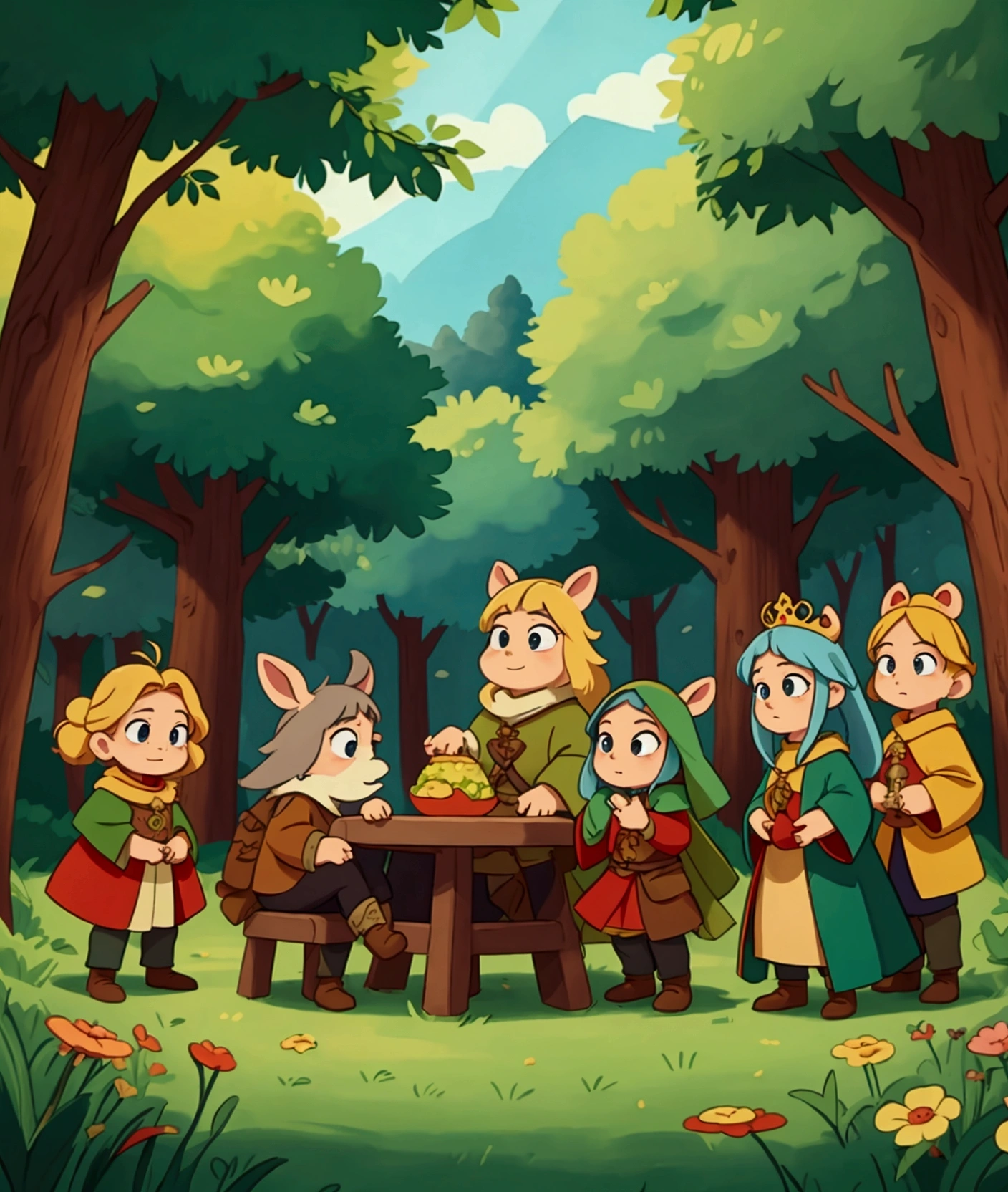 A beautiful forest decorated like a medieval festival, 2D cartoon style