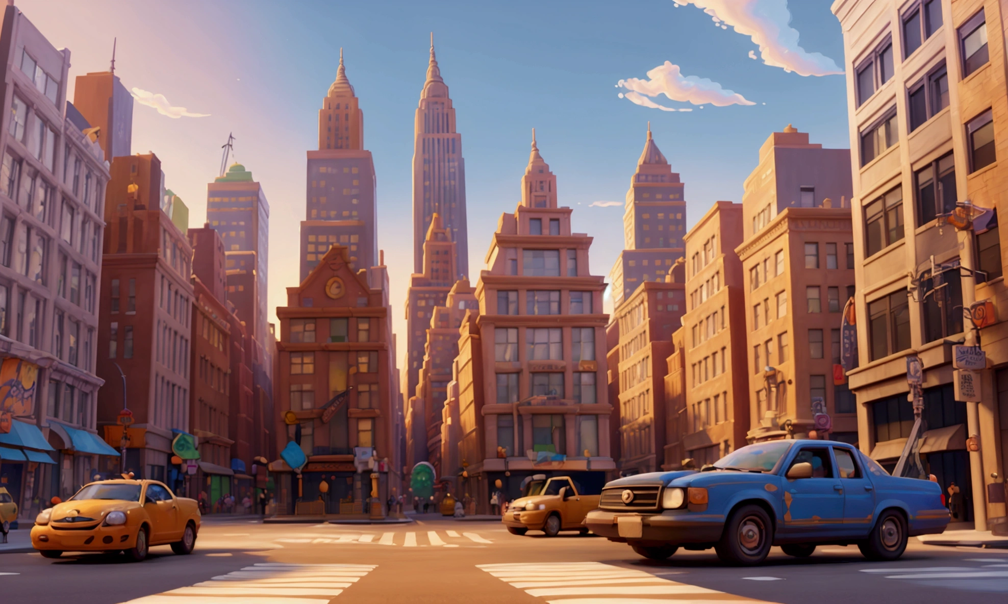 ((a painting of a New York street)), (( lots of architectural details)) (painting style for Pixar film background), 4k high definition,, Beautiful UHD 4K art, A beautiful artistic illustration., Nobody, detailed painting 4k, rich and picturesque colors, no human