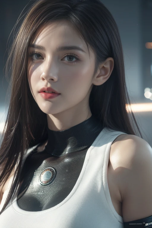 masterpiece,best quality,high resolution,8K,(portrait),((Head close-up)),real picture,Digital Photography,(Sci-fi style female home),20 year old girl,Feel free to hairstyle,By Bangs,(random color eyes),(Random hair colors),Full breasts,cleveage,Elegance and nobility,Serious and indifferent,Open white coat,Black tube top,Rich details,shut your mouth,Exquisite decoration,Cyberpunk future style,(Female Scholar),White background,oc render reflection texture