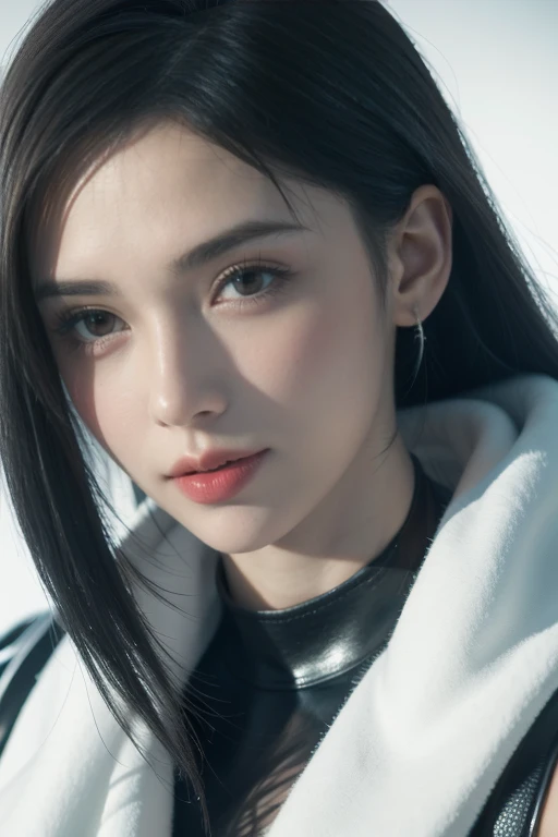 masterpiece,best quality,high resolution,8K,(portrait),((Head close-up)),real picture,Digital Photography,(Sci-fi style female home),20 year old girl,Feel free to hairstyle,By Bangs,(random color eyes),(Random hair colors),Full breasts,cleveage,Elegance and nobility,Serious and indifferent,Open white coat,Black tube top,Rich details,shut your mouth,Exquisite decoration,Cyberpunk future style,(Female Scholar),White background,oc render reflection texture