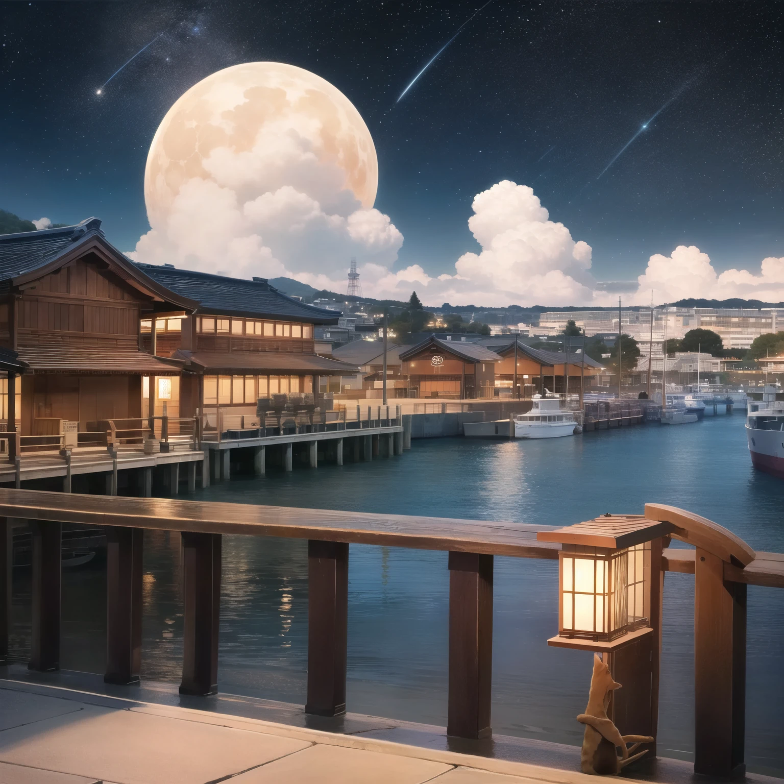 japan, ocean, harbor, night, starry sky, (cat)