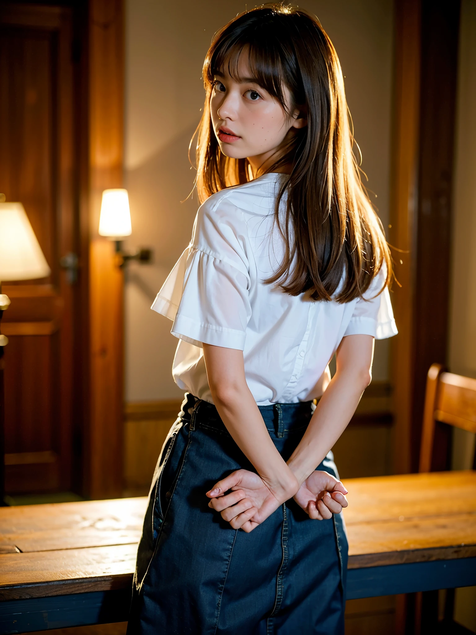 Put your hands behind your back、Put your wrists together、Wrap a rope around your wrist three times、shibari、Beauty、20-year-old、university student、Well-balanced proportions、Small face、Wear a short-sleeved blouse、Wearing a skirt、Anatomically correct body、whole body、, light brown hair, hair over shoulder, parted bangs, straight hair, symbol-shaped pupils, parted lips, horrified, Surrealism, Verism, cinematic lighting, depth of field, first-person view, from behind, f/1.2, Nikon, tachi-e, UHD, high quality, best quality, highres, 8k