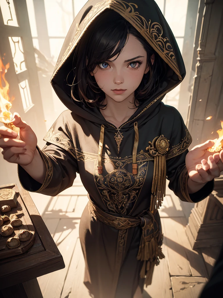 (by Greg Rutkowski: 1.2), (masterpiece), ((best quality)), extremely delicate and beautiful, illustration, highly detailed face and body, highly detailed hand and fingers. ((woman, hermeticwizard, hkmagic, fire_magic, ornate_hooded_robe, talisman, runes, dust, lightrays, ancient_tomb in the background, cinematic shot)), ((Heavy clothing, Very warm clothes)), cool face, HD. elegance. photorealism. full body pose. dynamic pose. Unreal engine. From Brian Froud and Carne Griffiths and Wadim Kashin and John William Waterhouse, 8K post-production, high resolution, hyperdetailed, depth of field, HDR, intricate