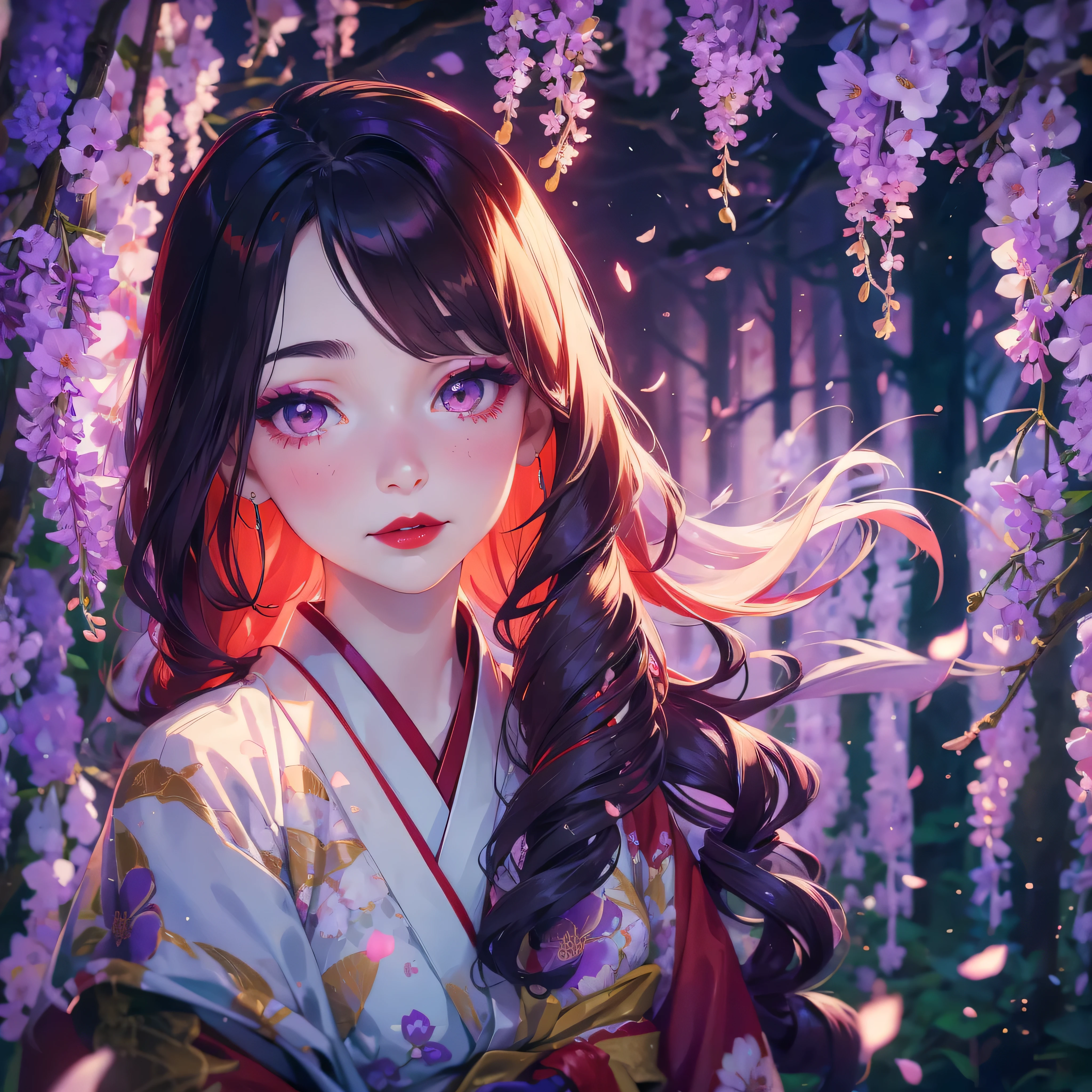 portrait of 1 beautiful geisha in the wisteria forest,  dark night, wavy hair, pale skin, makeup, red lips, , kimono, hanfu, floral print, (Beautifully Aesthetic:1.2),wisteria, peace, tranquility, serenity, petals