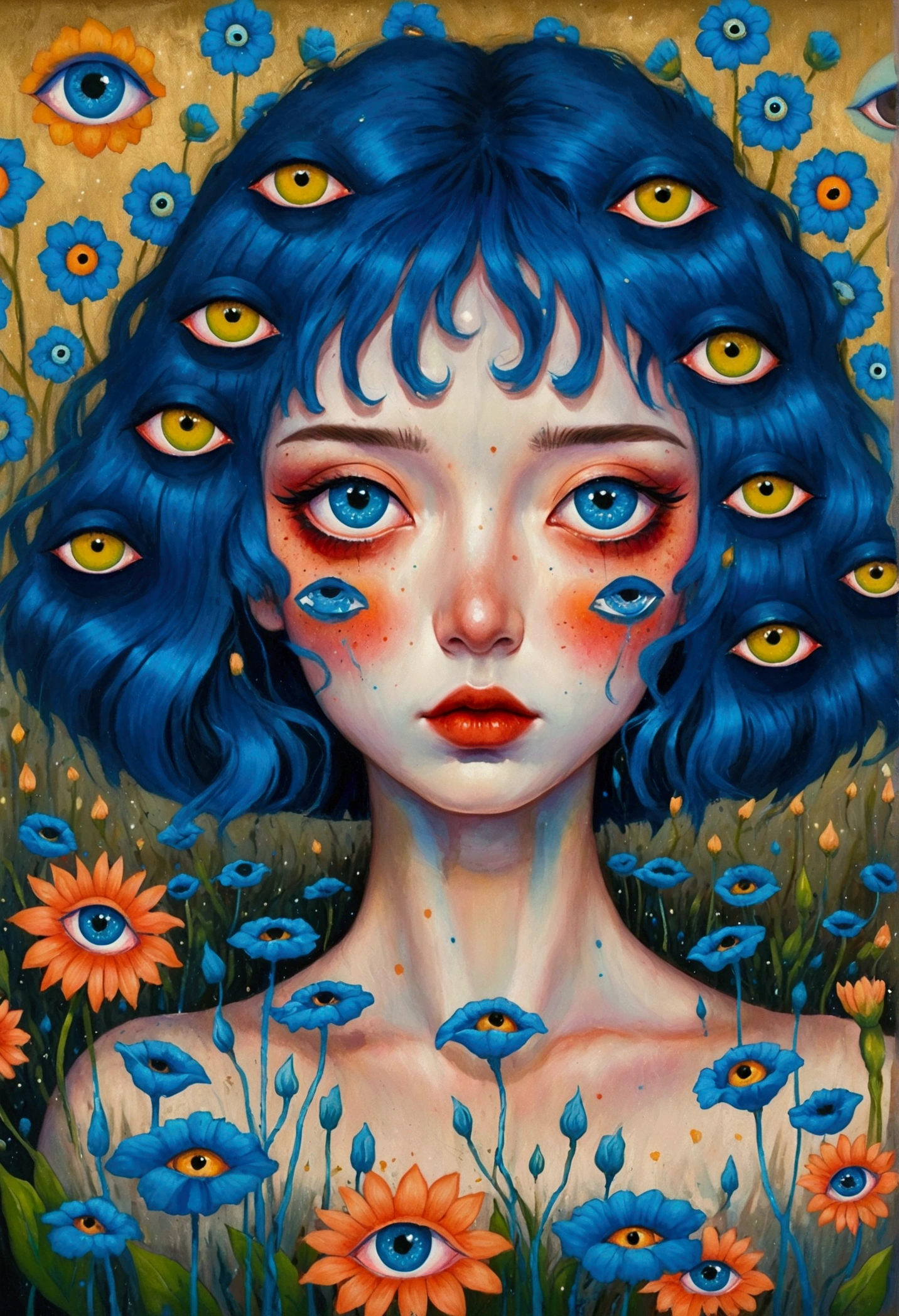 painting of a woman with blue hair and blue eyes surrounded by flowers, Pop Surrealism lowbrow art style, lowbrow Pop Surrealism, japanese Pop Surrealism, third - eye visions, starry eyes, third eye, Pop Surrealism, portrait of a mystical giant eye, psychedelic illustration, many eyes on head, mystical eyes, Pop Surrealism art style, pop - surrealism，Japanese clothing
