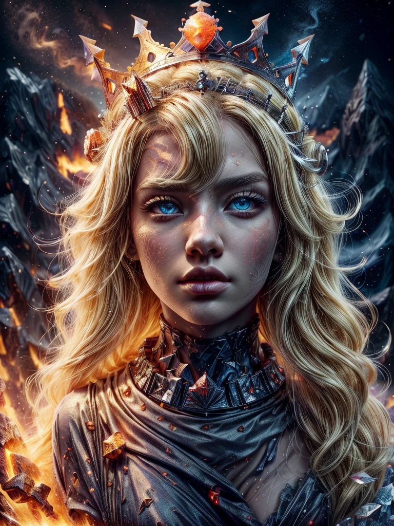 ultra realistic professionals full body portrait camera((( wearing sexy magma skirt and crown, blonde hair))) (photo 1028k qhd) by (James C. Christensen:1.2|Jeremy Lipking:1.1), (Dittmann Anna:0.3), (jiner:0.3), (mise au point nette:1.3) lndswgnr,High detail, instagram top model,, beautiful detailed ice baby blue eyes, k eyes,(eye makeup:1.2) sleeping Pose of the Instagram model, perfect button nose, A dim volcano in the background,A long skirt made of magma,Beautiful goddess,Bright color pair,Beautiful blue eyes,((Look at the camera,Full body portrait))