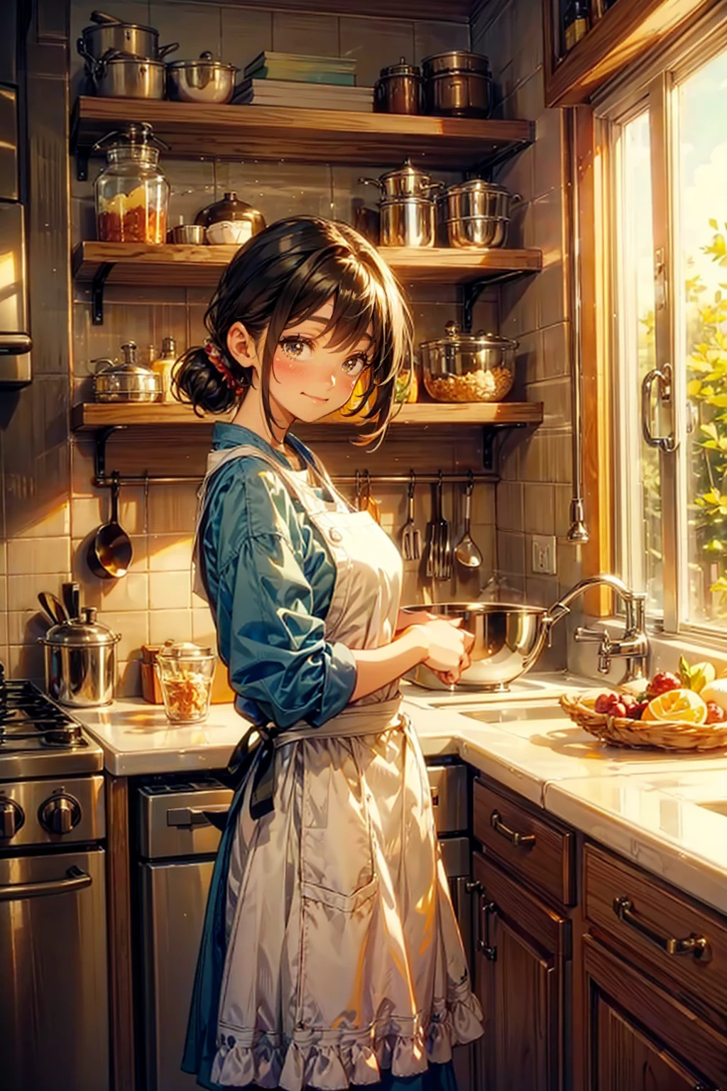 1girl,solo,cute,smile,in kitchen,wear apron,at morning,sunshine