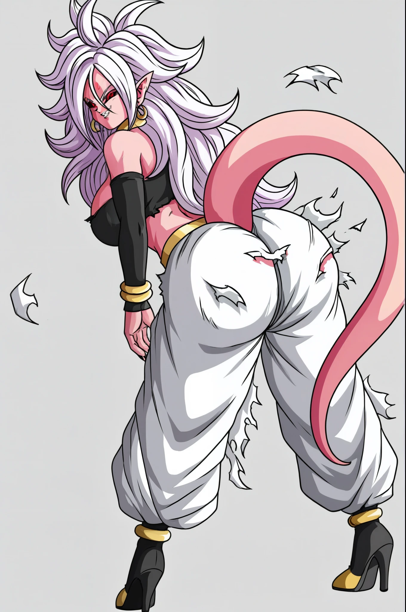 source_anime, score_9, score_8_up, score_7_up, anime screenca, android 21, dragon ball, perfect face, good eyes, nsfw, big ass, wide hips, thick thighs, huge breasts, huge ass, cleavage, nude, massive , massive butt, showing ass, bent over, 
1girl, evil smile, exploding clothes, majin, ki ball, solo, long hair, breasts, earclip, standing, majin tail, full body, white hair, earrings, detached sleeves, pointy ears, looking back, from behind, bracelet, torn clothes, majin eyes, tube top, aura, torn majin pants, pink skin, majin pants, android 21, majin boots, teeth thicc,
 