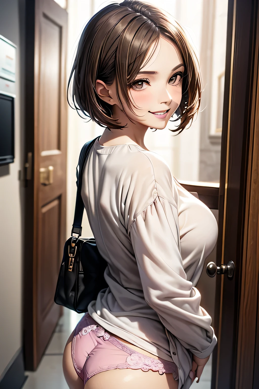 One Woman, alone, middle aged, Beautiful woman、I could see the whole body、 ((short hair)), ((Brown eyes, Beautiful eyelashes, Realistic eyes)), ((Detailed face, blush:1.2)), ((Smooth texture:0.75, Realistic texture:0.65, Realistic:1.1, Anime CG style)), Glamorous Body, Big Breasts, Dynamic Angle, Perfect body,  ((Purple transparent blouse, Red mini skirt))、(Hotel stairs)、the wind is strong、(Very embarrassing panic smile)、looked back、I can see her ass sticking out in front of me...、Angle looking up from the bottom of the stairs、 (((I can see your whole ass、Pink floral panties)))、((Tabletop, Highest quality, High resolution, Pixel Perfect,  4K,))), 