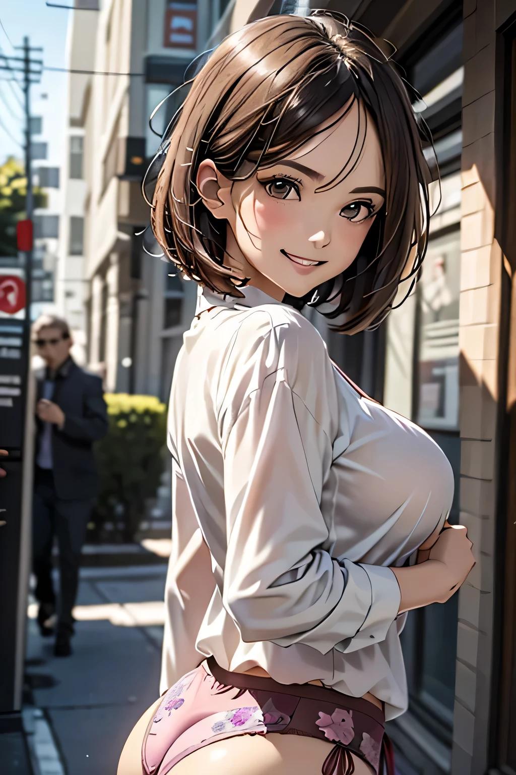One Woman, alone, middle aged, Beautiful woman、I could see the whole body、 ((short hair)), ((Brown eyes, Beautiful eyelashes, Realistic eyes)), ((Detailed face, blush:1.2)), ((Smooth texture:0.75, Realistic texture:0.65, Realistic:1.1, Anime CG style)), Glamorous Body, Big Breasts, Dynamic Angle, Perfect body, ((Purple transparent blouse, Red mini skirt))、(Hotel stairs)、the wind is strong、(Very embarrassing panic smile)、looked back、I can see her ass sticking out in front of me...、Angle looking up from the bottom of the stairs、 (((I can see your whole ass、Pink floral panties)))、((Tabletop, Highest quality, High resolution, Pixel Perfect, 4K,))),