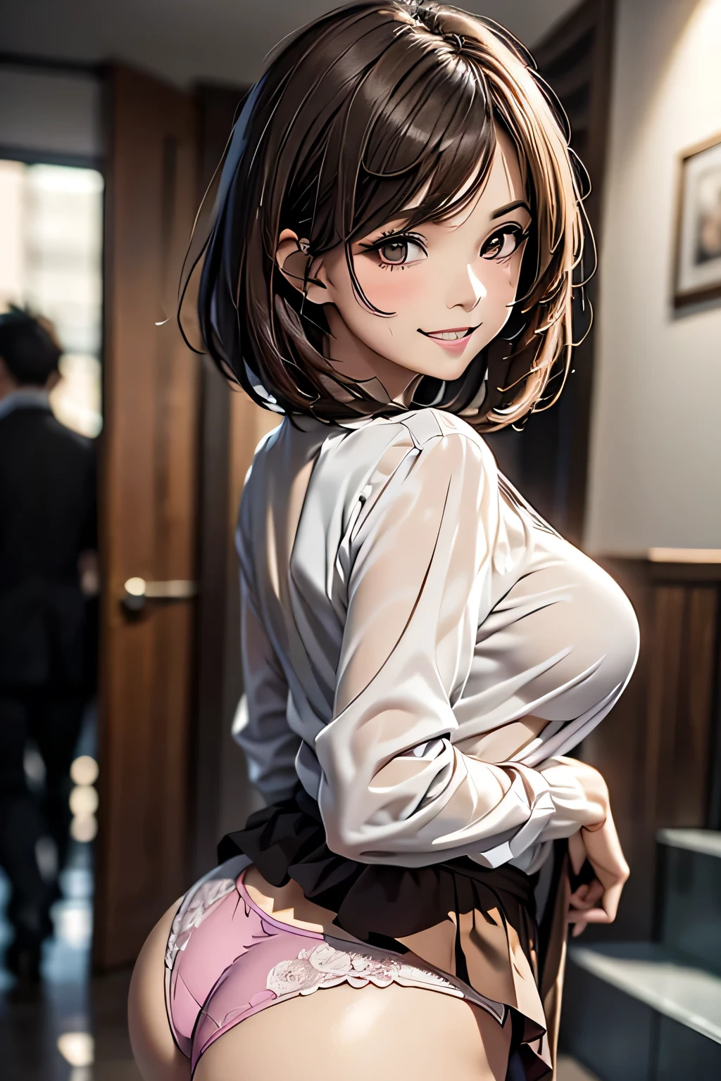 One Woman, alone, middle aged, Beautiful woman、I could see the whole body、 ((short hair)), ((Brown eyes, Beautiful eyelashes, Realistic eyes)), ((Detailed face, blush:1.2)), ((Smooth texture:0.75, Realistic texture:0.65, Realistic:1.1, Anime CG style)), Glamorous Body, Big Breasts, Dynamic Angle, Perfect body,  ((Purple transparent blouse, Red mini skirt))、(Hotel stairs)、the wind is strong、(Very embarrassing panic smile)、looked back、I can see her ass sticking out in front of me...、Angle looking up from the bottom of the stairs、 (((I can see your whole ass、Pink floral panties)))、((Tabletop, Highest quality, High resolution, Pixel Perfect,  4K,))), 