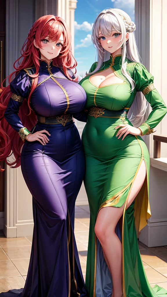 High detailed, 2 girls, different colored hairs, different hairstyles, busty, firm plump body, matching uniforms, matching physique, long dress, Juliet sleeves, posing together