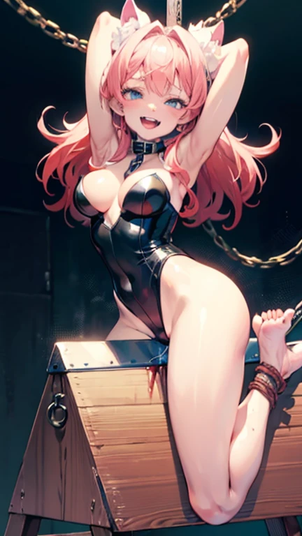 (Highly detailed CG Unity 8k), (Highest quality)，(Very detailed)，(Ultra-high resolution), 1 female, Young face、white cloth gag, Rope , body conscious one piece、breastsondage, handsope Bondage, leg Rope Bonhigh Rope Bondage,ope Bondage, feet Roage, Put your arms your hips, Wrists te your ankles, The rocking horse is too high for my feet to reach., (His feet are on the rocking horse:1.4), Crying face,BDSM、(Blood dripping from the groin)、(Dripping breast mi(Peeing)