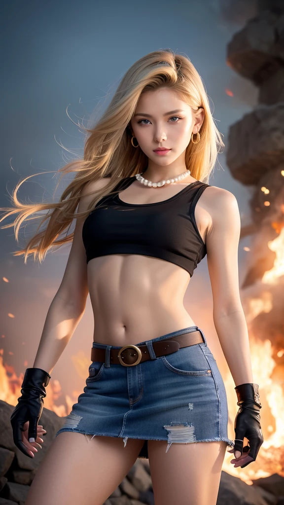 Moisturized skin,Realistic body,Android,(16 years old),(Girl),Collarbone,Earrings,(Cute face),Stern expression,
BREAK,
Bright red lipstick,(Beautiful navel),(Golden hair),Beautiful hair,Short hair,
BREAK,
(Masterpiece, Top quality, High resolution, Very detailed), (Full body:1.2),Symmetrical,One shot,
BREAK,
(Wind blowing),Outdoor,
BREAK,
Assassination,,Fantastic,Dynamism,(In the middle of a war, Combat stance),(Fires everywhere, Bloody, Chaos),(Android 18),Jewelry, Denim vest,Black leather gloves,Pearl necklace,Jeans,Pushing through hair,Blue eyes,Denim skirt,Buckled belt,