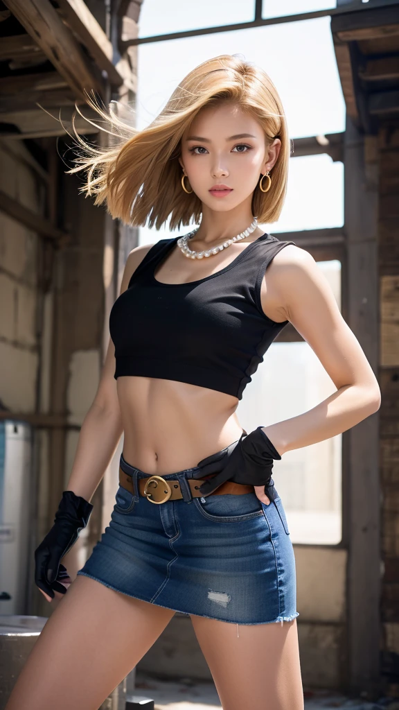 Moisturized skin,Realistic body,Android,(),(Girl),Collarbone,Earrings,(Cute face),Stern expression,
BREAK,
Bright red lipstick,(Beautiful navel),(Golden hair),Beautiful hair,Short hair,
BREAK,
(Masterpiece, Top quality, High resolution, Very detailed), (Full body:1.2),Symmetrical,One shot,
BREAK,
(Wind blowing),Outdoor,
BREAK,
Assassination,,Fantastic,Dynamism,(In the middle of a war, Combat stance),(Fires everywhere, Bloody, Chaos),(Android 18),Jewelry, Denim vest,Black leather gloves,Pearl necklace,Jeans,Pushing through hair,Blue eyes,Denim skirt,Buckled belt,