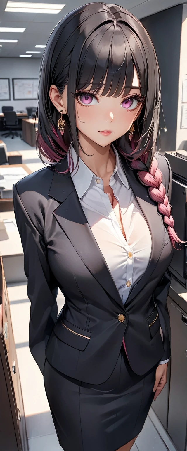 (Perfect Anatomy)、Mastepiece、Ultra High Quality、 8k、masterpiece、Highest quality、Ultra-high resolution、Maximum resolution、Very detailed、Professional Lighting、anime、Adult female、thin、so beautiful、Highly detailed eye、Highly detailed face、Golden earrings、Black Hair,、Pink eyes, office lady suit, Braiding、Straight bangs, full body, standing,