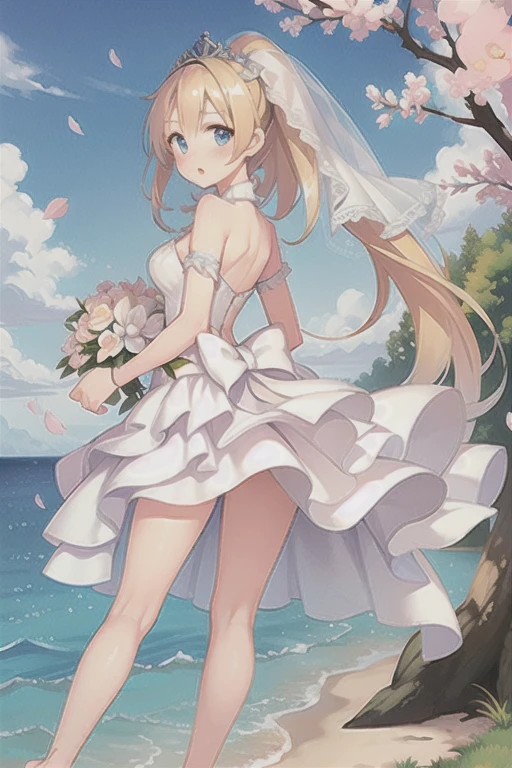 Saratoga \(warship girls r\),((masterpiece)),(((best quality))),((ultra-detailed)),((illustration)),((disheveled hair)),((frills)),(1 girl),(solo),1girl,bangs,bare shoulders,barefoot,blue sky,blush,bridal veil,cherry blossoms,cloud,cloudy sky,confetti,day,dress,earrings,eyebrows visible through hair,falling petals,feet,flower,foot focus,hair between eyes,hair ornament,high heels,jewelry,leaves in wind,short hair,looking at viewer,looking back,ocean,open mouth,outdoors,petals,petals on liquid,ponytail,rose petals,shoes removed,sidelocks,single shoe,sky,soles,solo,splashing,thighs,tiara,toes,tree,underwear,veil,water,water drop,wedding dress,wet,white dress,Rating:safe,foreshortening,
blonde hair,blue eyes,