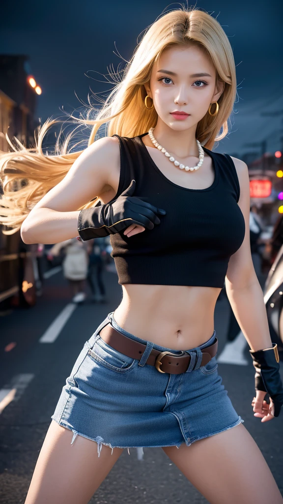 Moisturized skin,Realistic body,Android,(16 years old),(Girl),Collarbone,Earrings,(Cute face),Stern expression,
BREAK,
Bright red lipstick,(Beautiful navel),(Golden hair),Beautiful hair,Short hair,
BREAK,
(Masterpiece, Top quality, High resolution, Very detailed), (Full body:1.2),Symmetrical,One shot,
BREAK,
(Wind blowing),Outdoor,
BREAK,
Assassination,,Fantastic,Dynamism,(In the middle of a war, Combat stance),(Fires everywhere, Bloody, Chaos),(Android 18),Jewelry, Denim vest,Black leather gloves,Pearl necklace,Jeans,Pushing through hair,Blue eyes,Denim skirt,Buckled belt,