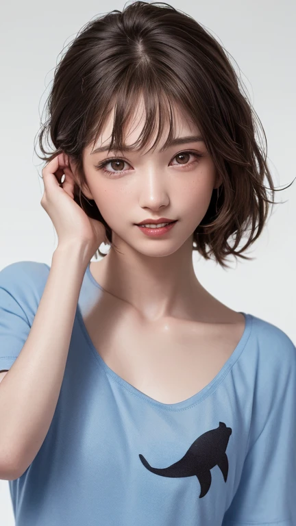 (Highest quality、8k、32K、masterpiece)、(Realistic)、(Realistic:1.2)、(High resolution)、Very detailed、Very beautiful face and eyes、1 girl、Round and small face、Tight waist、Delicate body、(close、Highest quality、Attention to detail、Rich skin detail)、(Highest quality、8k、Oil paints:1.2)、Very detailed、(Realistic、Realistic:1.37)、Bright colors、(((Blushing)))、(((I'm blonde)))、(((Laughter)))、(((Bust Shot)))、((short hair、ponytail))、(((Pure white wall background)))、(((She is wearing a red T-shirt)))、(((Pure white wall background)))、(((Yellow and white clothes)))、(((The shirt has a picture of a dolphin on it....)))、(((It is a short-sleeved T-shirt)))、(((大Laughterしています)))、(((Teeth are visible)))、(((I put my hands on my head)))、(((Black underwear is visible above the collarbone)))