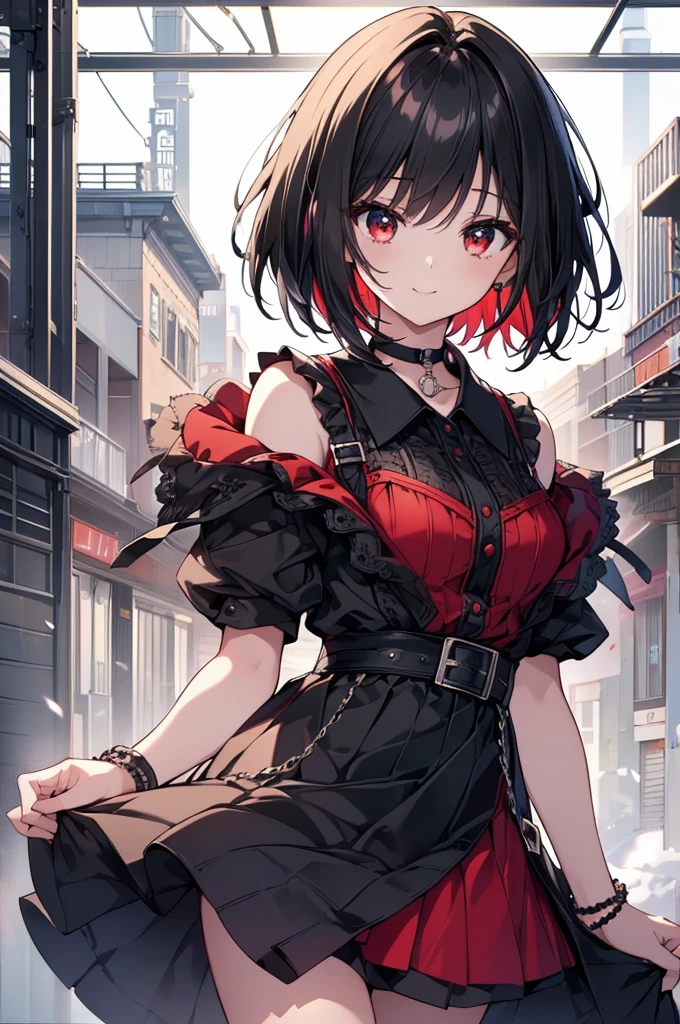 (masterpiece, highest quality, highest quality, (No text), Beautiful and aesthetic:1.2),No text,アニメ、BREAK,One Girl，Black Hair Girl　short hair　older sister　choker　Beautiful eyes　Red eyes　cool　smile　Black and Red　dress　Black jacket　mini skirt　whole body　In town
