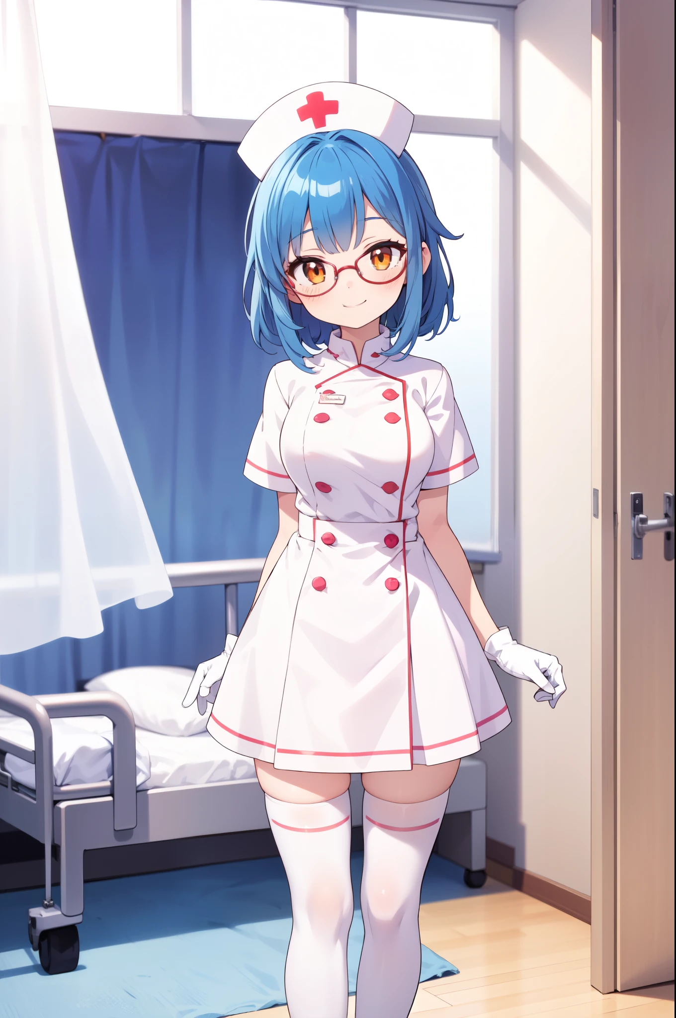 1girl, solo, nurse, nurse cap, white nurse uniform, ((white legwear, zettai ryouiki)), white gloves, glasses, blue hair, orange eyes, smile, standing, ((hospital room)), sharp outline, short sleeves, best quality, masterpiece