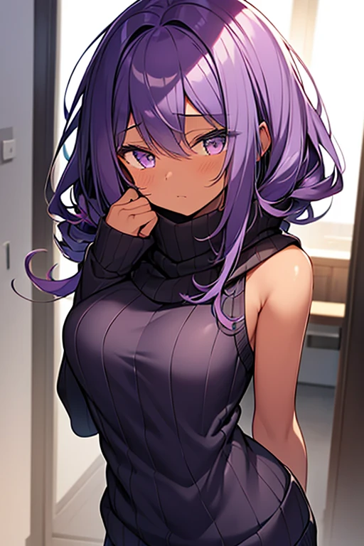 14 year old girl, dark skin,long purple sleeveless sweater, purple curly hair covering her eyes