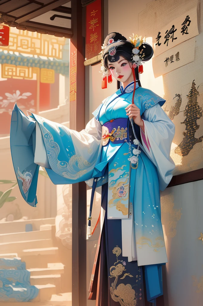((masterpiece)),best quality,((illustration)),extremely detailed wallpaper,(((beijing opera))),((((dyeing)))),((Chinese painting)),((beijing opera)),(ink splashing),dyeing,((Chinese painting)),1girl,(solo),blue and white costume,the flower face of peking opera,