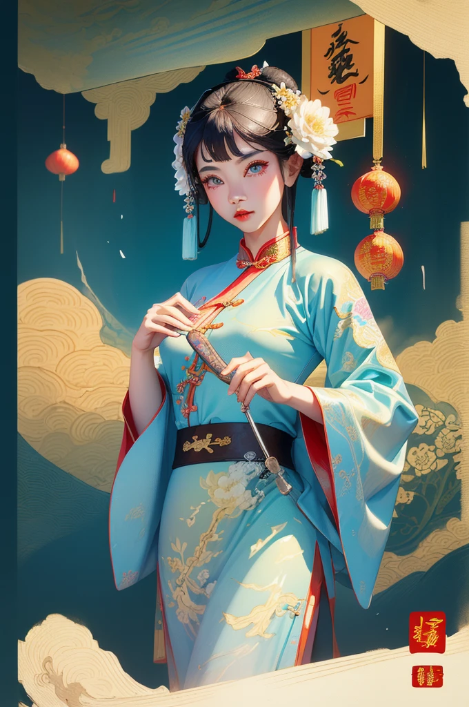 ((masterpiece)),best quality,((illustration)),extremely detailed wallpaper,(((beijing opera))),((((dyeing)))),((Chinese painting)),((beijing opera)),(ink splashing),dyeing,((Chinese painting)),1girl,(solo),blue and white costume,the flower face of peking opera,