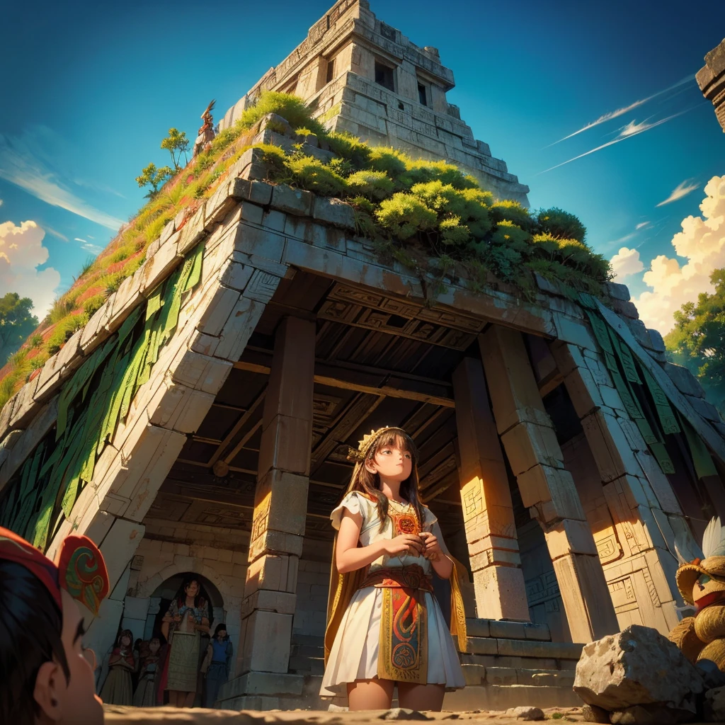 Childish, high quality、Very detailed、8Year、Mayan Aztec young priestess、Flying Feathered Serpent(Quetzalcoatl Kukulkan)look up at the sky and pray、Chichen Itza Forest Temple of the Sun、mysterious、whole body