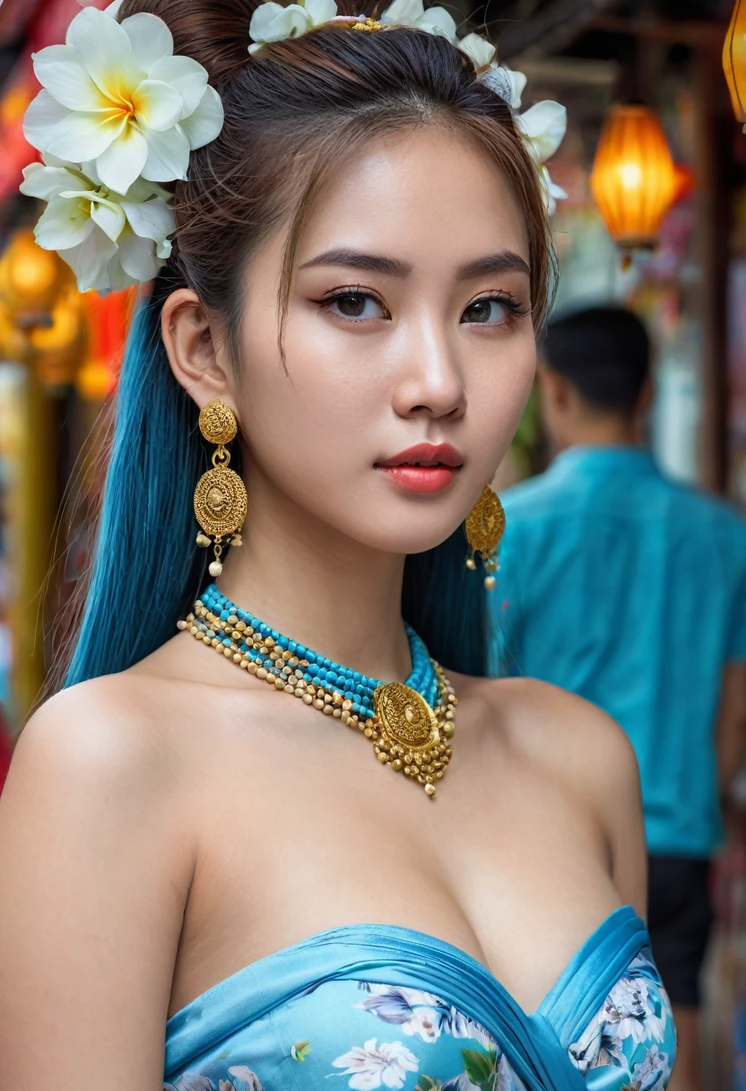 ThaiFacemixx, Take the whole body, 1 woman,
85 mm lens,F/8.0,
brown hair,
big breasts,
(Khaosan Road:1.3),
1 girl, 18 years old,
Double bun and long twin tail, light blue hair
detailed Face, Detailed eyes, Shiny skin,
(extremely detailed 8ก wallpaper),(8ก, raw photos, HDR, nonsense:1.2,best quality, Masterpiece:1.2), (realistic, photo-realistic:1.37),best quality, realistic, photorealistic,very detailed,extremely detailed Face,light,Take ultra-wide-angle photos, 8g UHD, dslr, soFt lighting, High quality, Film grain, FujiFilm XT3
tradition gold body strap,
red sabai dress holding a Flower,
Thai style necklace,
Thai style bracelet,
Thai style belt,
Traditional Thai earrings,
Strapless Thai dress.,