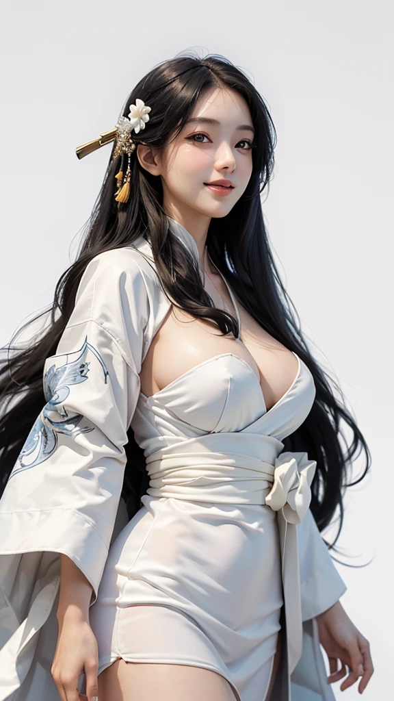 master piece, best quality, ultra detailed, photorealistic, voluptuous, ung girl, fair skin, pale skin, long hair, black hair, smile, tareme, mega breasts, gorgeous bluck kimono, cowboy shot, looking up, white background