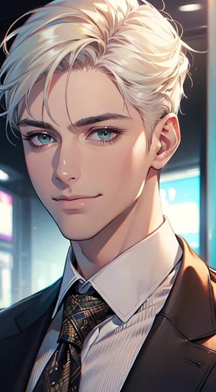 (Highest quality,4K,8K,High resolution,masterpiece:1.2),Super detailed,(Realistic,photoRealistic,photo-Realistic:1.37),1 person,34 years old,Mature Men,Beautiful skin、very handsome,Expressionless smile in love,Short white hair,green eyes,Sharp Eyes,A perfect face without a doubt,Businessman, CEO, Office Background,Cinema Lighting,HDR image,tie、